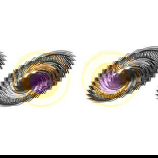 Leo de Vroomen (b. 1941) Pair of 18 Karat Gold, Enamel and Star Ruby Ear Clips: Pair of 18 Karat Gold, Enamel and Star Ruby Ear Clips, Leo de Vroomen Each circular ear clip centering a cabochon star ruby measuring approximately 9.3 × 9.0 mm and weighing approximately 2.0