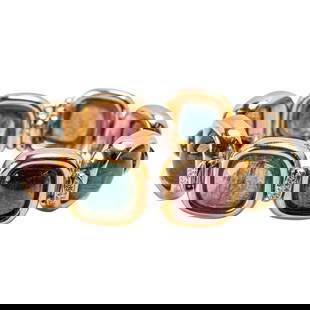 SCHLUMBERGER, 18 Karat Gold, Platinum, Diamond and Tourmaline Bracelet, Italy: SCHLUMBERGER, 18 Karat Gold, Platinum, Diamond and Tourmaline Bracelet, Italy, circa 1980sDesigned as a series of alternating cabochon-cut green and pink tourmalines, each bezel-set in sculpted 18