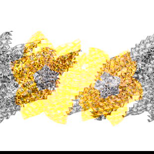 Sabbadini Yellow Sapphire and Diamond Flower Brooch, 18 Karat Gold: Sabbadini Yellow Sapphire and Diamond Floral Brooch An elegant brooch designed as a pair of overlapping flowers, pavé-set with approximately 25.00–28.00 carats of vivid yellow sapphires, centered