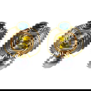 Leo de Vroomen (b. 1941), Pair of Gem-Set and Pearl Ear Clips: Leo de Vroomen, Pair of Gem-Set and Pearl Ear Clips Each finely hand-crafted in 18 karat gold, set with a cushion-shaped green tourmaline measuring approximately 13.9 × 13.9 × 8 mm, estimated to