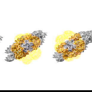Sabbadini,, Pair of Yellow Sapphire and Diamond Ear Clips,: Sabbadini, Pair of Yellow Sapphire and Diamond Ear Clips, Sabbadini, Italy Of floral design, each ear clip composed of intricately set calibré-cut yellow sapphires in a bombe motif, centering a