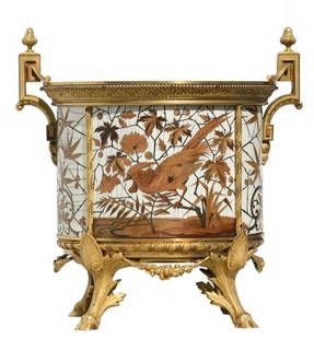 Ferdinand Duvinage (French, circa 1820–1876) Cloisonné and Marquetry Jardinière: Ferdinand Duvinage (French, circa 1820–1876) A Gilt-Bronze Mounted Metal Cloisonné and Marquetry JardinièreParis, circa 1880 Signed FDBte; the mounts signed Alph. Giroux Paris Height: 15 in.