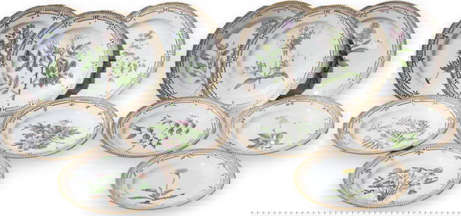 Set of Twelve Flora Danica Botanical Dinner Plates: Set of Twelve Flora Danica Botanical Dinner Plates number 3549, each 10 in. diameter, marked Royal Copenhagen, with painters marks and identifying flower title. The slightly receded center hand