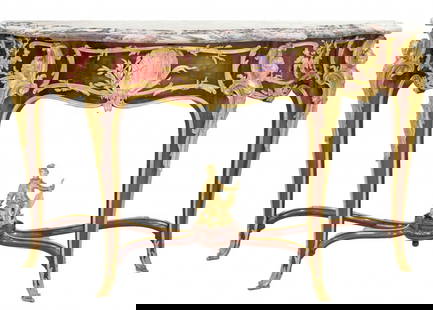 François Linke (1855–1946) Ormolu-Mounted Kingwood Console Table French, circa 1900: François Linke (1855–1946) Ormolu-Mounted Kingwood Console TableFrench, circa 1900 Signed Linke The finely shaped brèche violette marble top rests above an elegant frieze centered by an elaborate