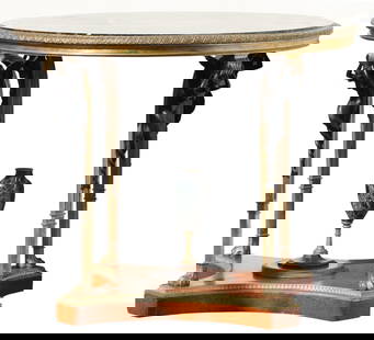 Charles X Style Bronze Mtd. Marble & Amboyna Gueridon/Center Table: Charles X Style Bronze Mtd. Marble & Amboyna Gueridon/Center Table Circa 1900, possibly Vente Millet, after the model now at Fontainebleau. The base stamped CF and MCF, the rim with a leaf cast