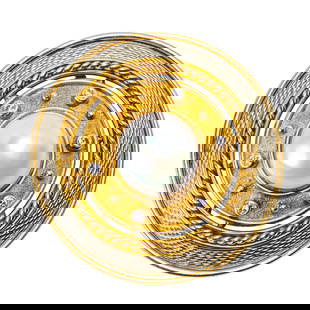 Leo de Vroomen (b. 1941) 18 Karat Gold, Enamel, Diamond and Pearl Brooch: Leo de Vroomen (b. 1941) 18K Gold, Diamond, Guilloché Enamel and Pearl Brooch Of bold circular “medallion” design, centering a luminous cultured pearl measuring approximately 11 mm, within