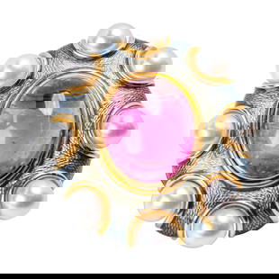 Leo de Vroomen (b. 1941) 18 Karat Gold, Enamel, Pink Tourmaline, and Pearl Pendant-Brooch: Leo de Vroomen (b. 1941) 18 Karat Gold, Enamel, Pink Tourmaline, and Pearl Pendant-Brooch Of bold and distinctive design, centering an oval cabochon pink tourmaline measuring approximately 19 x 25