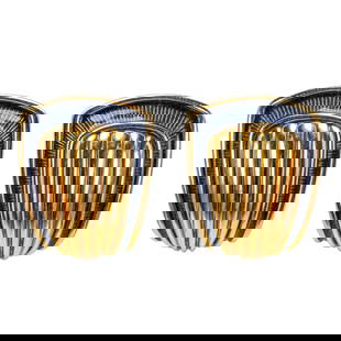 Leo de Vroomen (b. 1941) Pair of 18 Karat Gold and Enamel Ear Clips: Leo de Vroomen (b. 1941) Pair of 18 Karat Gold and Enamel Ear Clips Each ear clip of sculptural, domed design featuring alternating ridged gold bands bordered by a frame of dark blue guilloché