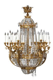 Important French Gilt-Bronze Twenty-One-Light Chandelier: Important French Gilt-Bronze Twenty-One-Light Chandelier Late 19th Century A magnificent and finely cast gilt-bronze chandelier of grand scale and intricate design. The circular corona is surmounted