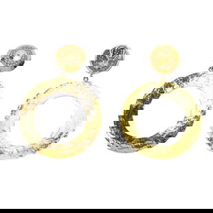 Elegant pair of 18 karat yellow gold and diamond earrings: Elegant pair of 18 karat yellow gold and diamond earrings, each designed with a hammered open circular disc suspended from a dome surmount pavé-set with numerous round brilliant-cut diamonds. The