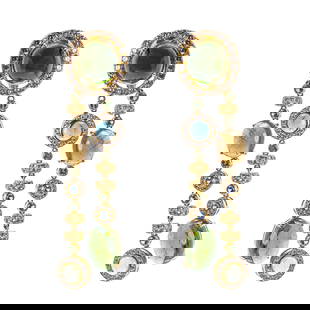 David Morris, Pair of 18 Karat Yellow Gold, Green Tourmaline, and Diamond Earrings: David Morris, Pair of 18 Karat Yellow Gold, Green Tourmaline, Sapphire, Tsavorite, and Diamond Earrings London, late 20th century Each long articulated earring composed of graduated cabochon green