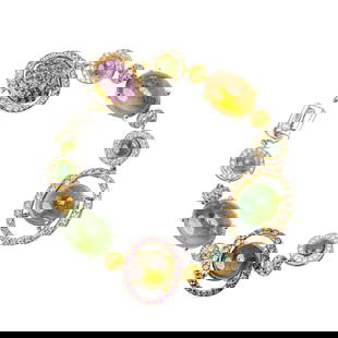 18 Karat Gold Tourmaline, Diamond & Sapphire Bracelet,: 18 Karat Gold Tourmaline, Diamond & Sapphire Bracelet, A striking and beautifully crafted bracelet featuring richly hued cabochon green tourmalines accented by brilliant-cut diamonds and pink