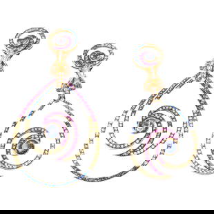 Sorab & Roshi, Pair of 18 Karat Yellow Gold, Multicolored Gem-Set Ear Clips: Pair of 18 Karat Yellow Gold, Multicolored Gem-Set Ear Clips, Sorab & Roshi Each open teardrop-form earring centering a round mixed-cut violet gem within a spiraling frame of calibré-cut pink,