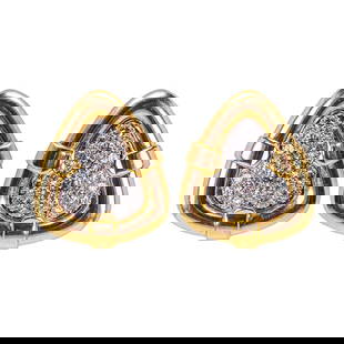 Pair of 18 Karat Gold and Diamond Ear Clips: Pair of 18 Karat Gold and Diamond Ear Clips Each ear clip designed as a stylized triangular form with rounded edges and buckle-like borders in satin-finished 18 karat yellow gold, the centers