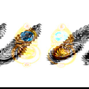 18K Gold, Citrine, Blue Topaz, Garnet, and Diamond Ear Clips: 18K Gold, Citrine, Blue Topaz, Garnet, and Diamond Ear Clips, Signed “Baten” Each striking ear clip of sculptural design, centering an oval-cut citrine above an oval blue topaz, the terminals