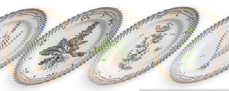 Three Flora Danica Botanical Dinner Plates: Three Flora Danica Botanical Dinner Plates number 3549, each 10 in. diameter, marked Royal Copenhagen, with painters marks and identifying flower title. Each hand painted, with center recess, the