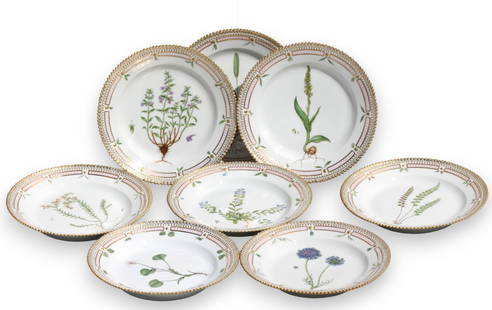 Set of Twelve Royal Copenhagen Flora Danica Porcelain Salad Plate: Set of Twelve Royal Copenhagen Flora Danica Porcelain Salad Plates number 3593, 7.75 in. diameter each 8.75 in. diameter, marked Royal Copenhagen, with painters marks and identifying flower title.