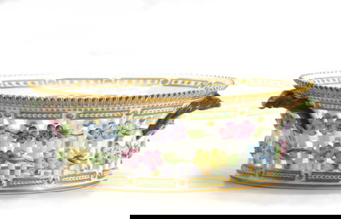 Royal Copenhagen Flora Danica Porcelain Fruit Basket: Royal Copenhagen Flora Danica Porcelain Fruit Basket Number 3536, marked Royal Copenhagen, titled Vidis vinifera, with model and painters mark. The reticulated oval basket with twisted branch