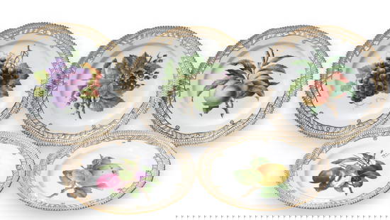 Five Royal Copenhagen Flora Danica Porcelain Reticulated Fruit/Luncheon Plates: Five Royal Copenhagen Flora Danica Porcelain Reticulated Fruit/Luncheon Plates Number 3554, marked Royal Copenhagen, with various modeler and painters marks. Each hand painted with either a grape,