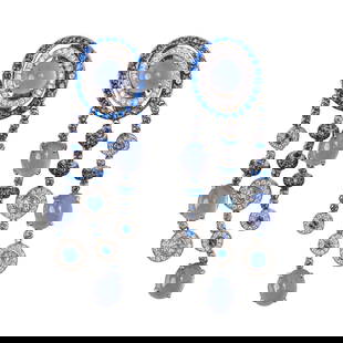 Pair of Chalcedony, Blue Topaz, and Sapphire Pendant Earrings