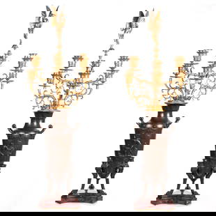 Ferdinand Barbedienne, Fine Pair of French Gilt and Patinated Bronze Candelabra: Fine Pair of French Gilt and Patinated Bronze CandelabraCast by Ferdinand Barbedienne, Last Quarter of the 19th Century Each twin-handled vase form, signed F. Barbedienne, the body finely cast in