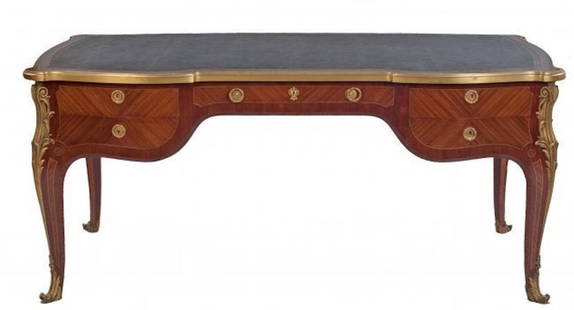 François LINKE (1855-1946) Gentlemans Desk: François LINKE (1855-1946) Fine Bureau Plat, France, circa 1900, Signed Linke on the right side of the gilt bronze chute, Amarante, quarter-veneer satine, loupe d'amboine, ebene and buis stringing,