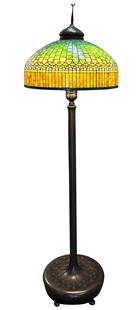 Magnificent Tiffany Studios Favrile Glass & Bronze Curtain Border Floor Lamp: Magnificent Tiffany Studios Favrile Glass & Bronze Curtain Border Floor Lamp (1899-1920)on a "Scroll" Senior floor base Shade impressed "TIFFANY STUDIOS NEW YORK" Base impressed "TIFFANY STUDIOS NEW