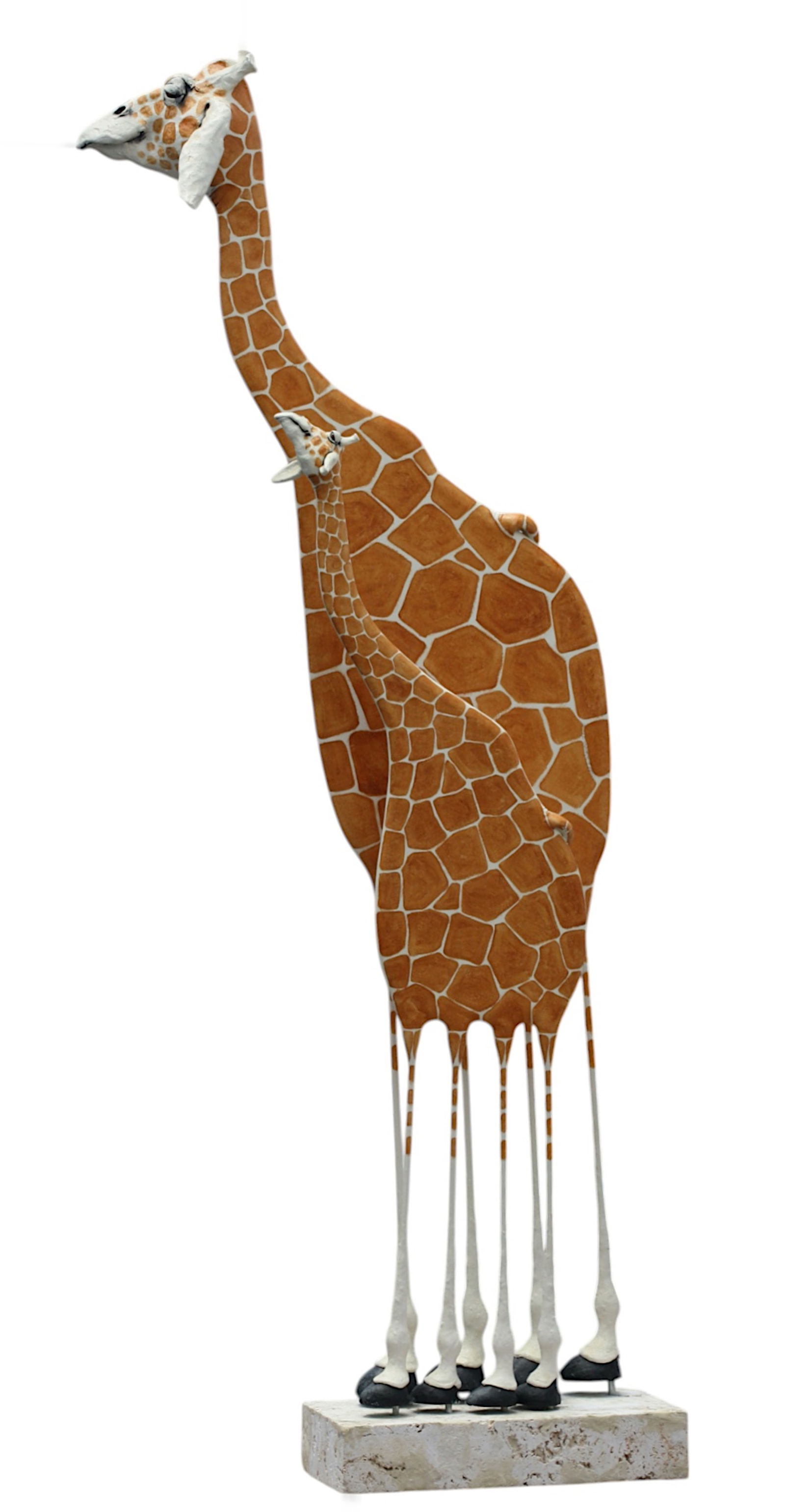 Todd Warner, (American, b. 1945), Sculpture: Todd Warner, (American, b. 1945) Giraffes, 1991, signed, dated, mixed media, on a coral base Height 80 in., Width 20 in., Depth 10 in. Provenance: Jill Vickers Gallery, Aspen, CO.