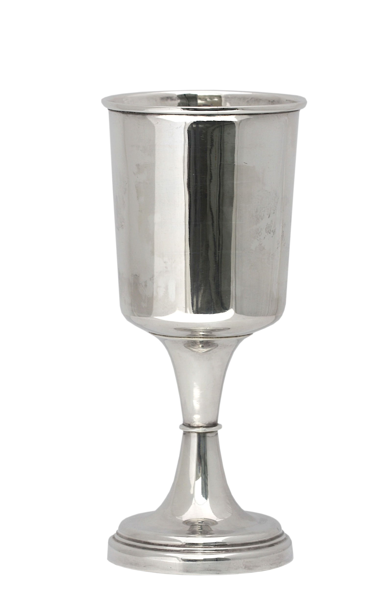English Regency Silver Goblet: English Regency Silver Goblet Birmingham, 1831, maker, Suckling Ltd. The cylindrical cup on a divided stem with a ring at the center, continuing to a stepped circular foot. Height 8 in., Diameter 3.5