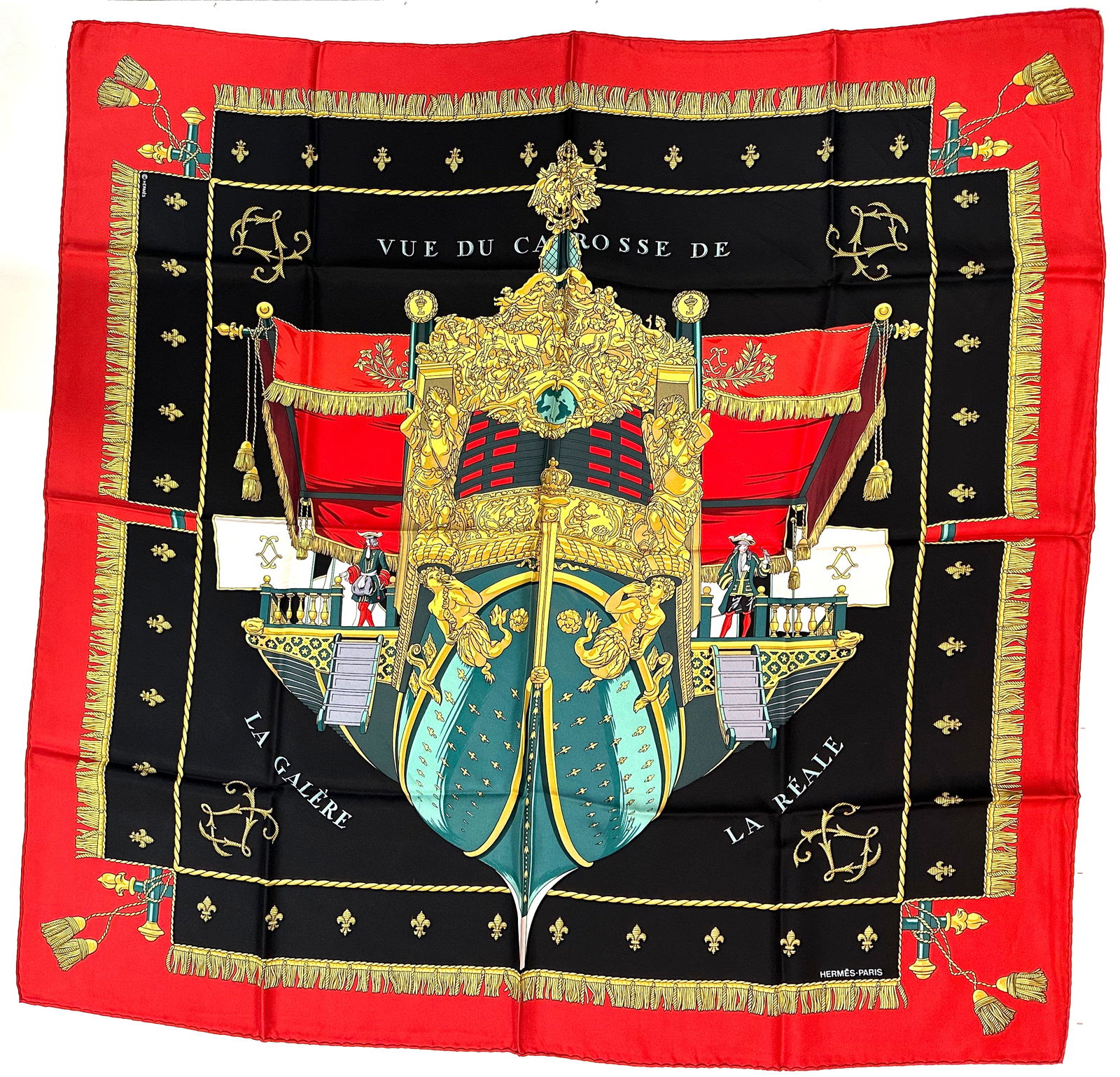 Hermes Silk Scarf, Vue du Carrosse de la Galère La Réale, designed by Hugo Grygkar,: Hermes Silk Scarf, Vue du Carrosse de la Galère La Réale, designed by Hugo Grygkar, first issued in 1953. Inspired by ship models which form part of the Collections of the Musée National de la Mari