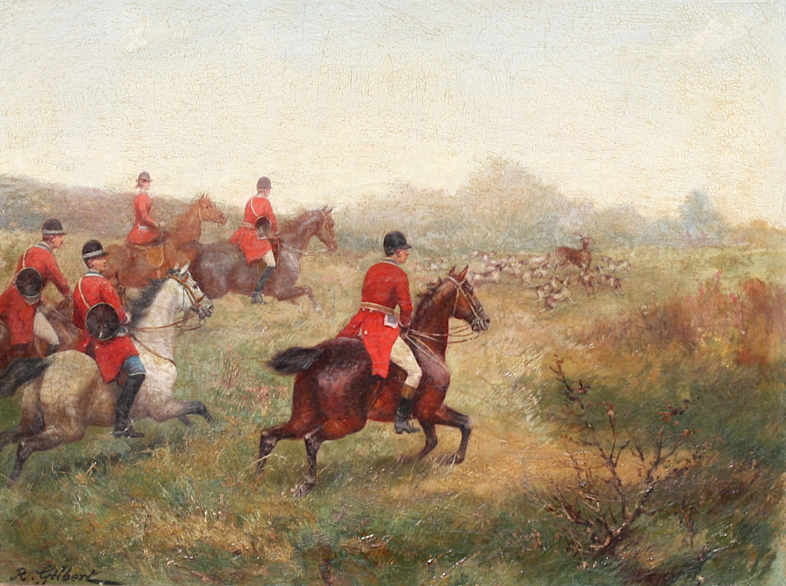 R. Gilbert, (British, (?), 19th/20th Century) Painting: R. Gilbert, (British, (?), 19th/20th Century) Hunt Scene, signed, oil on canvas, 11.5 by 15.5 in. (29.21 by 39.37 cm.), overall, in a gilt frame, 17 by 21 in. (43.18 by 53.34 cm.) Provenance: Spencer