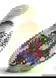 Chinese Enamel Decorated Porcelain Snuff Bottle: Chinese Enamel Decorated Porcelain Snuff Bottle The underside with character marks in red, of teardrop form, decorated with figures in a landscape, with jade cap and a spoon. Height 2.75 in. :