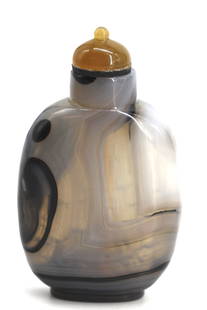 Chinese Faux Agate Glass Snuff Bottle: Chinese Faux Agate Glass Snuff Bottle The footed ovoid body composed of black, gray and white swirls, with a domed mineral cap and a spoon. Height 3 in. Snuff bottles were personal objects of