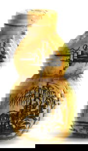 Chinese Double Gourd Form Snuff Bottle: Chinese Double Gourd Form Snuff Bottle The footed vessel etched on each side with landscapes, with a conforming cap and scoop. Height 1.75 in. Snuff bottles were personal objects of luxury and