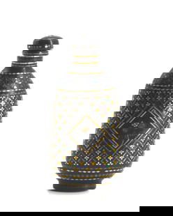 Japanese Lac Burgaute Snuff Bottle, Meiji Period.: Japanese Lac Burgaute Snuff Bottle, Meiji Period. The tapered black lacquer body inlaid with a mother-of-pearl flower and an allover gilt metal clover pattern,with cap and scoop. Height 2.5 in.