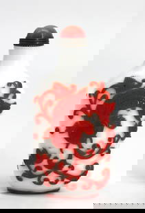 Chinese Cameo Carved Red Over White Peking Glass Snuff Bottle