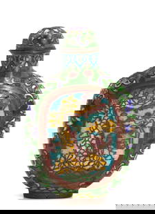 Chinese Cloisonné Enamel on Copper Snuff Bottle: Chinese Cloisonné Enamel on Copper Snuff Bottle Early 20th Century. The ovoid vessel reserved on each side with a dragon, and with foliage all on a greed ground, with conforming cap and a copper