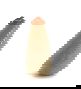 Chinese Opaline Brownish-Gray Jade Snuff Bottle: Chinese Opaline Brownish-Gray Jade Snuff Bottle The tapered cylindrical bottle carved in low relief with stylized motifs, the glass cap with a scoop. Height 2.125 in. Snuff bottles were personal