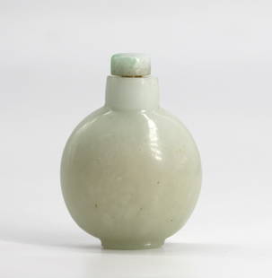 Chinese Faux Jade Mineral Snuff Bottle: Chinese Faux Jade Mineral Snuff Bottle The footed circular white to celadon toned body with a wide neck, with a jadeite cap and a scoop. Height 2.75 in. Snuff bottles were personal objects of