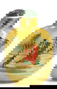 Chinese Interior Painted Snuff Bottle: Chinese Interior Painted Snuff Bottle The ovoid footed body decorated with a young girl or boy on either side, with a green domed cap, with scoop. Height 2.5 in. Snuff bottles were personal