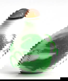 Chinese Cameo-Cut Green Over White Peking Glass Snuff Bottle: Chinese Cameo-Cut Green Over White Peking Glass Snuff Bottle The pear-form body decorated with a raised green chimera on each side On a white ground, with an domed agate cap, with scoop. Height 2.5 in