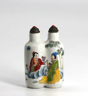 Chinese Enamel Decorated Double Cylindrical Porcelain Snuff Bottle: Chinese Enamel Decorated Double Cylindrical Porcelain Snuff Bottle Painted with pairs of scholars in sparse landscapes, with two coral mounted metal domed caps, and with scoops. Height 3 in.