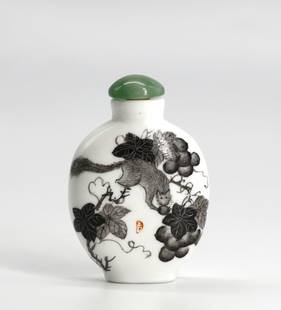 Chinese Decorated Porcelain Snuff Bottle: Chinese Decorated Porcelain Snuff Bottle The underside with character marks in red, of tapering ovoid formdecorated en grisaille with birds in a marsh, the reverse with a squirrel in a tree,the green
