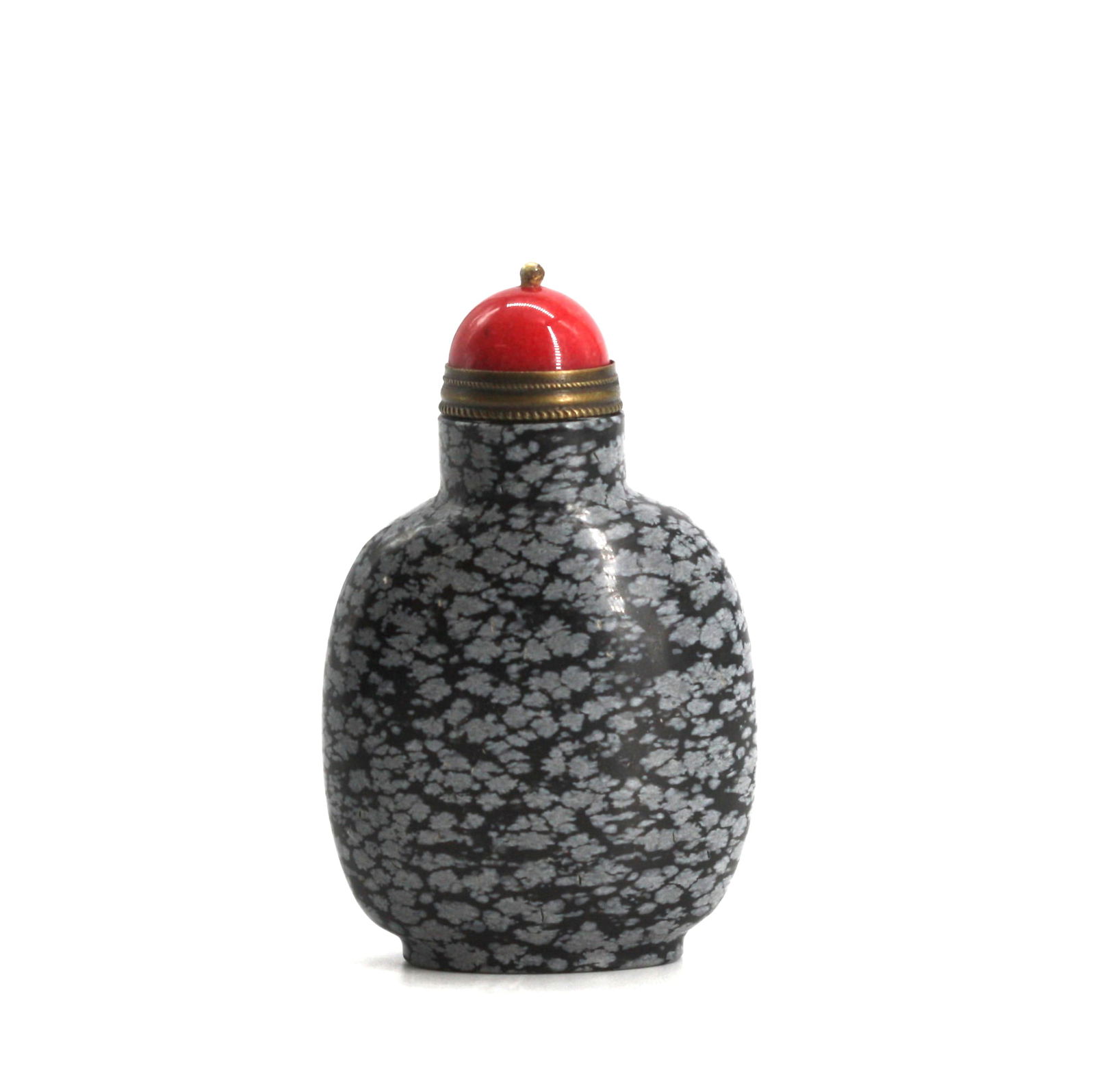 Good Chinese Marble Snuff Bottle: Good Chinese Marble Snuff Bottle The Ovoid black marble body with allover light gray cloud-like inclusions, the cylindrical neck with a metal-mounted red quartz domed cap, with scoop. Height 2.75 in.