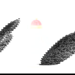 Good Chinese Marble Snuff Bottle: Good Chinese Marble Snuff Bottle The Ovoid black marble body with allover light gray cloud-like inclusions, the cylindrical neck with a metal-mounted red quartz domed cap, with scoop. Height 2.75