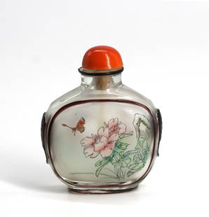 Good Chinese Interior Painted Overlaid Glass Snuff Bottle: Good Chinese Interior Painted Overlaid Glass Snuff Bottle The footed shaped circular body decorated on both sides with either a dragonfly or butterfly with a blossoming flower, all within a red