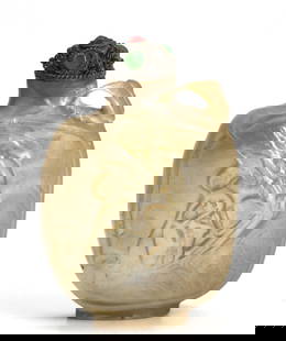 Unusual Chinese Carved Abalone Snuff Bottle: Unusual Chinese Carved Abalone Snuff Bottle The footed asymmetrical body carved on one side with two fisherman in a boat, the reverse with what app[ears to be a stylized fish, with a domed metal cab