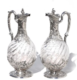 Fine Pair of Continental Silver-Mounted Crystal Ewers