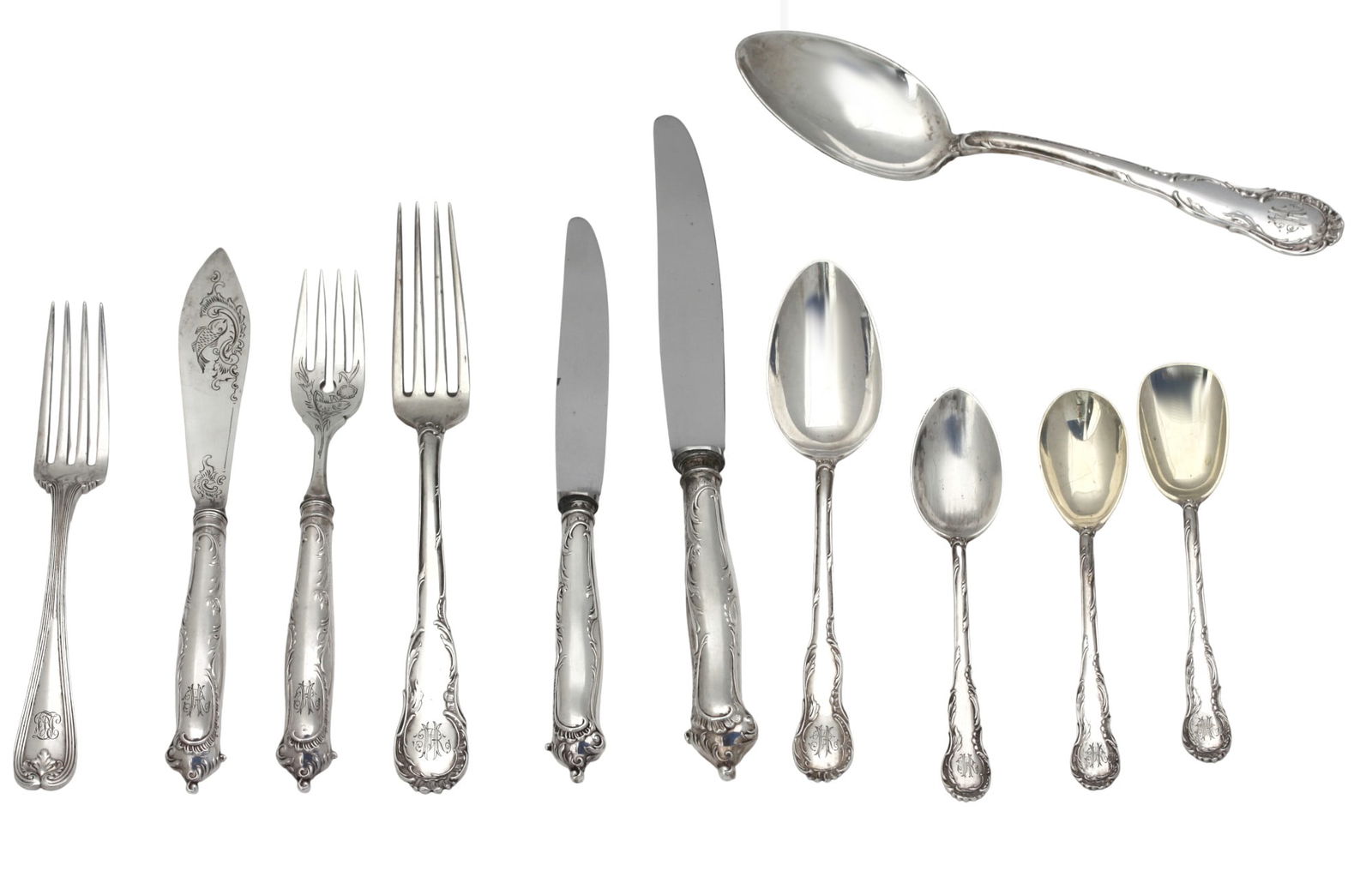 Continental Silver Flatware Service for Six: Continental Silver Flatware Service for Six Marked 800, with a T with additional marks. Heavily chased with foliage and scrolls and monogramed in script. Sixty-four pieces with two additional