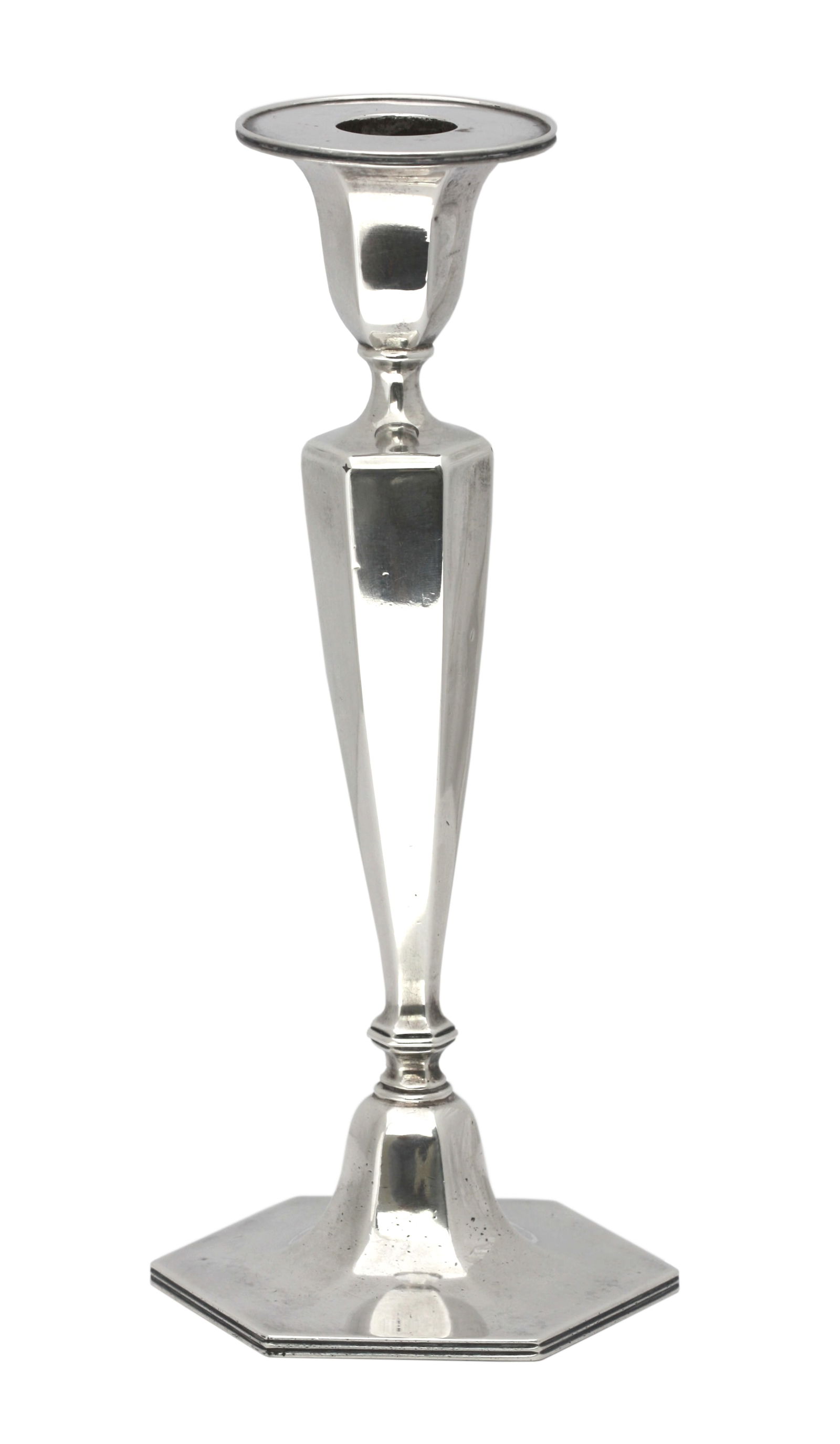 American Sterling Silver Candlestick: American Sterling Silver Candlestick 1907-1938, Tiffany & Co. Of classical tapering hexagonal form. Cement-filled base. Height 9 in. (22.86 cm.) Overall weight 14.2 troy oz.